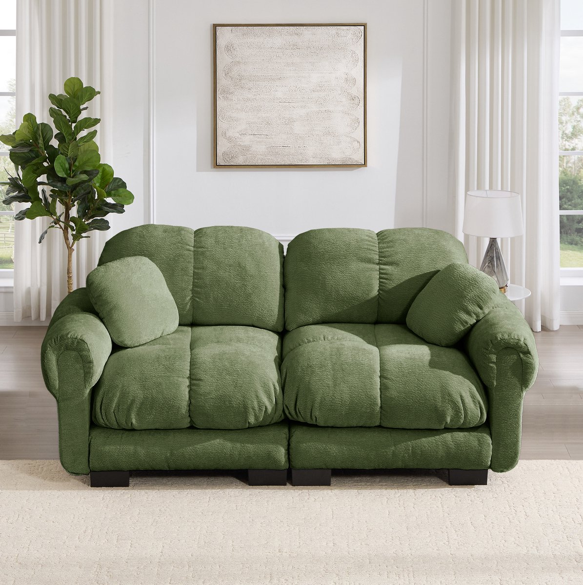 Wishdor 2-zits bank - Zacht chenille - Modulair ontwerp - Dikke zitkussens - Gestikt patroon - Woonkamer ontspanning - Volwassenen - Groen - 190 x 86 x 90 cm