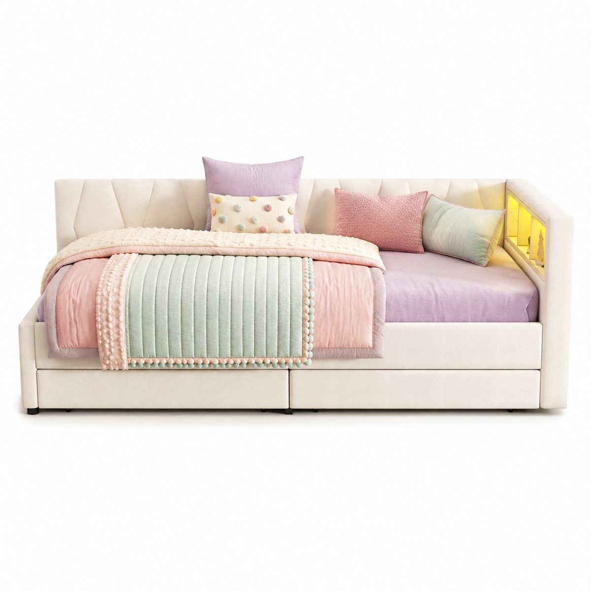 WUVRIE Daybed 90x200 cm met 2 lades, opbergvakken, LED en USB/Type-C, beige