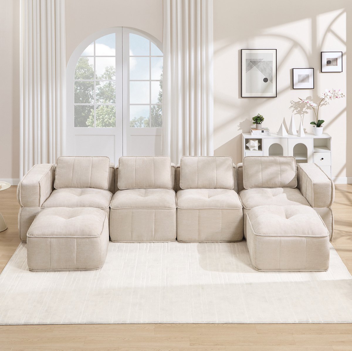Wishdor U-bank - 4-zits modulair - 2 hockers - Zonder montage - Polyester - Beige - 344 x 162 x 67 cm