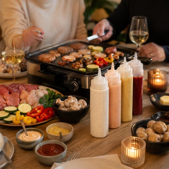 Een tafel vol met gegrild vlees, groenten, aardappeltjes, broodjes en vier sausflessen: wit, roze, geel en rood.