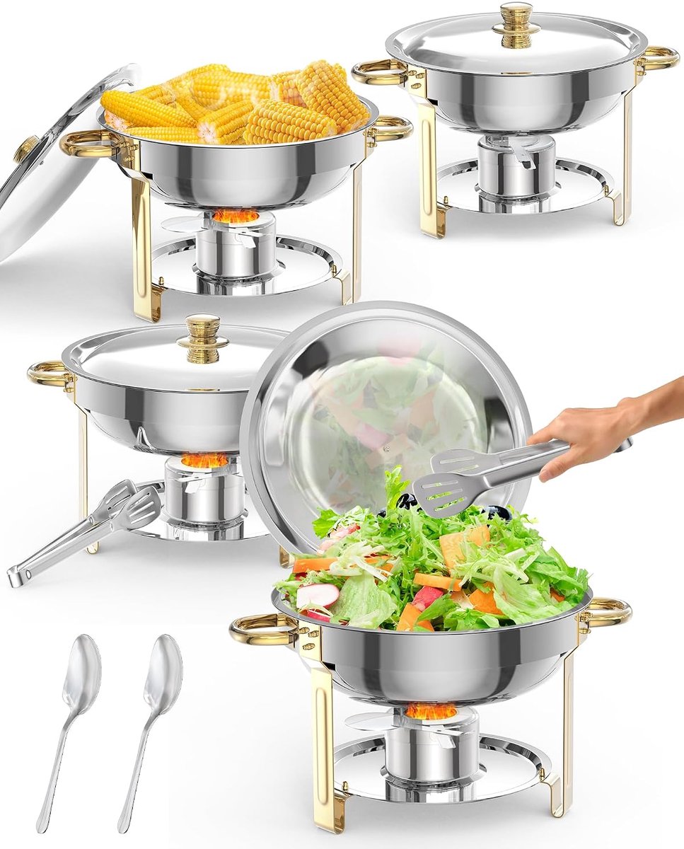Chafing Dish Set van 4 - 5 Liter Ronde RVS Buffet Warmhouders (Ø 32 cm) - 1.3 mm Extra Dik 201 Roestvrij Staal - Warmhoudschalen voor Catering, Bruiloft, Feest & Horeca