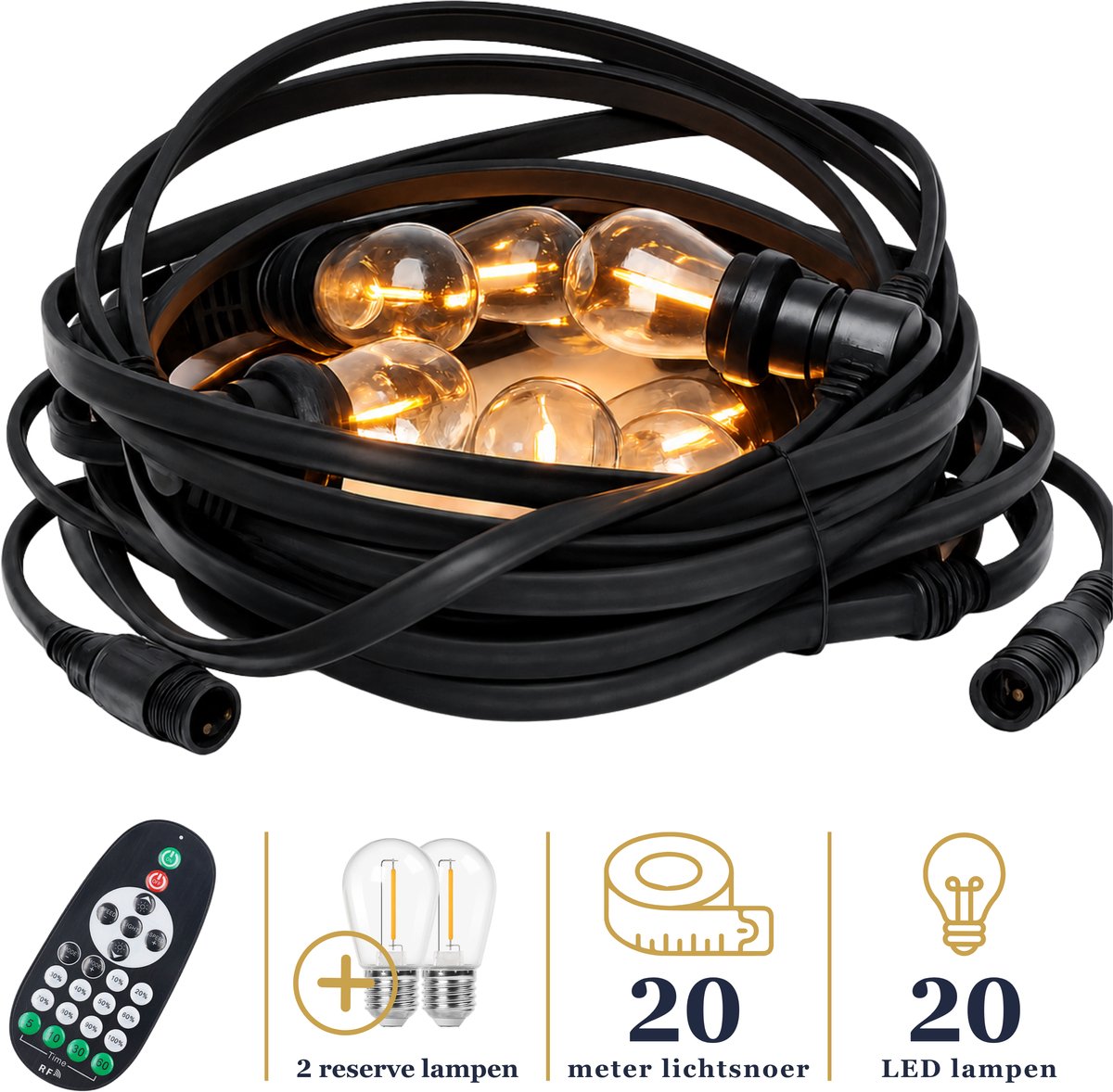 Odaily Platte Prikkabel - 20 Meter - 20 LED Lampen - Warm Wit - IP65 Lichtsnoer - Dimbaar - Premium Kwaliteit