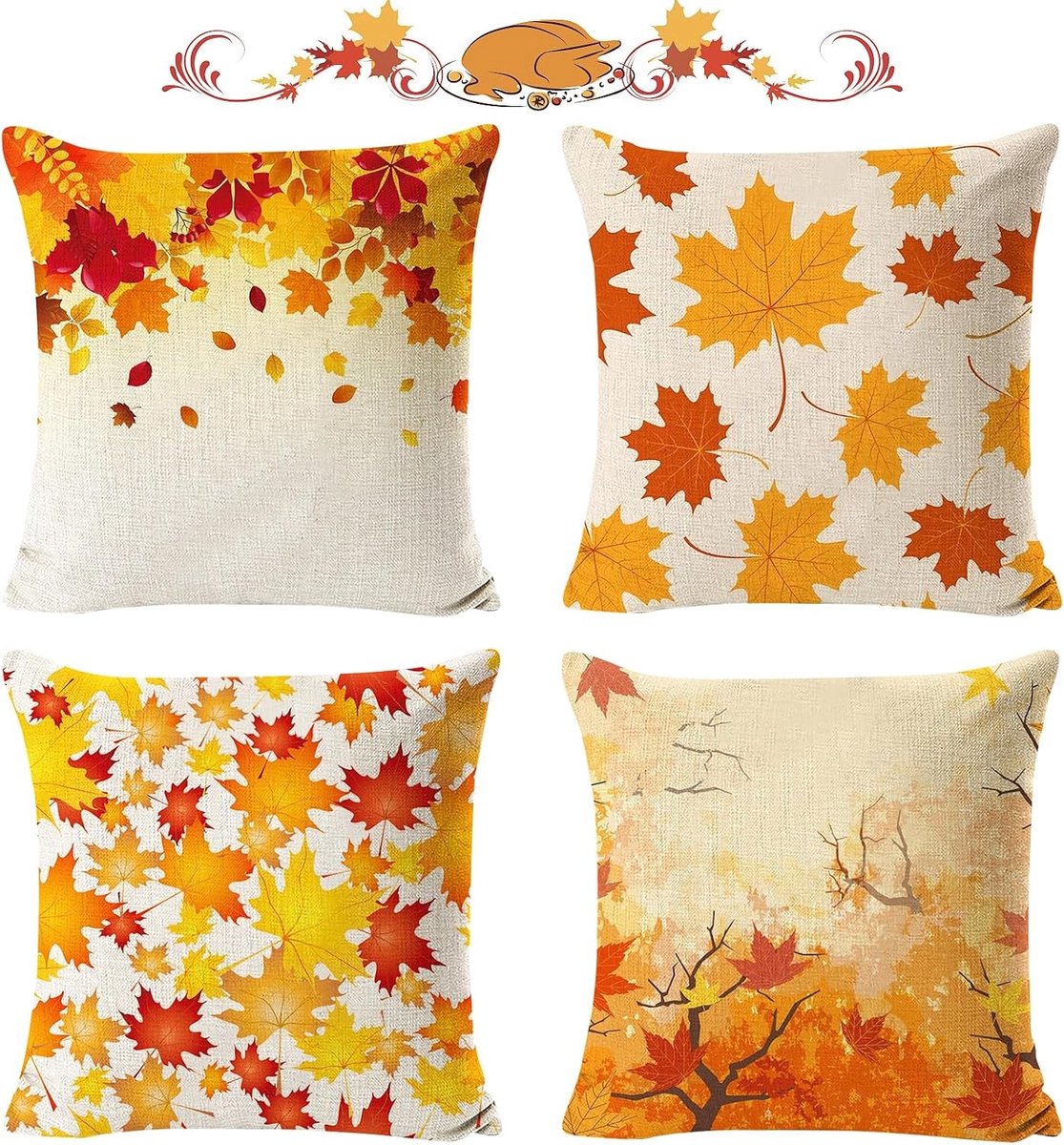 Herfstdecoratie Set van 4 Stuks, 45 x 45 cm, Kussenslopen voor Bank en Bed, Ideaal voor Thanksgiving en Seizoensgebonden Versiering