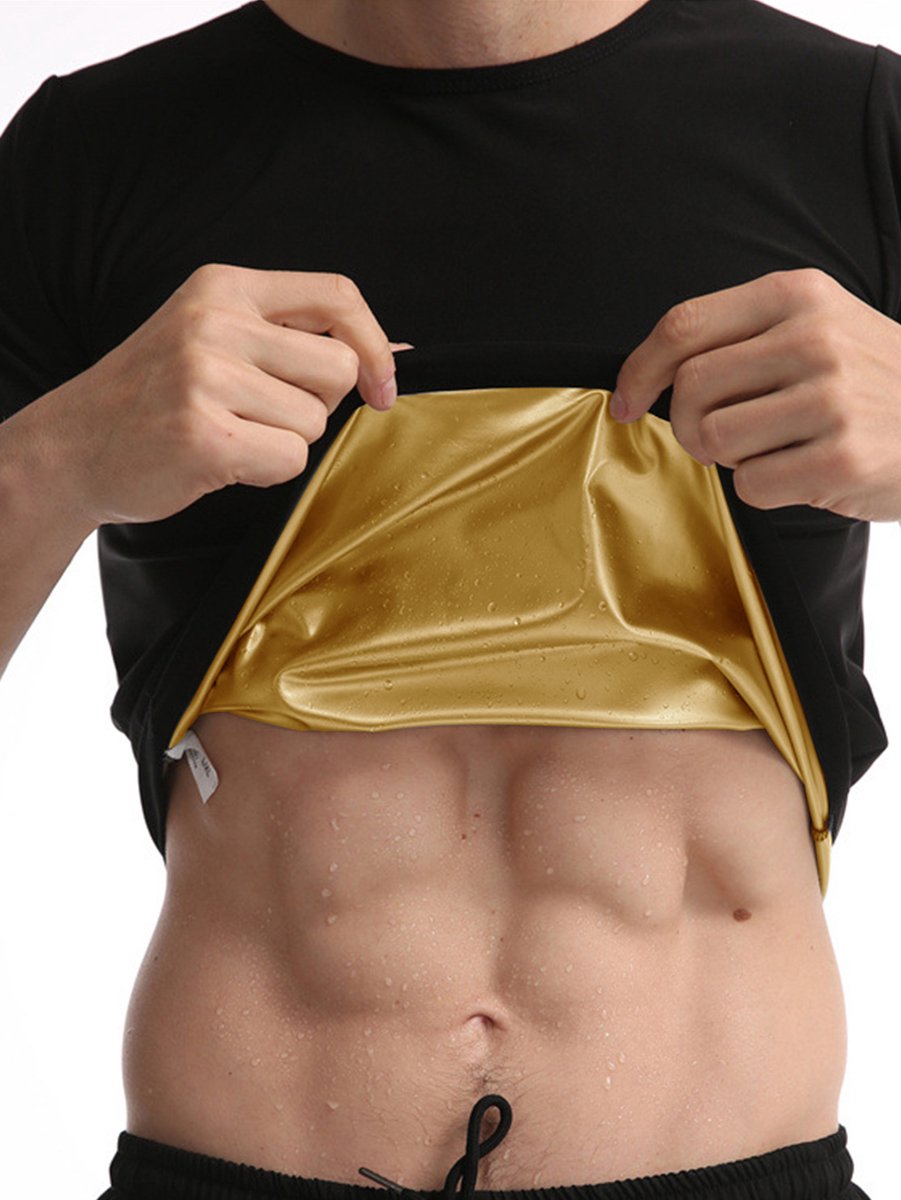 Heren zweetpak‑korte mouwen‑buikcontrole taillevormend sportkleding-Zwarte buitenkant, gouden binnenkant, 2XL/3XL