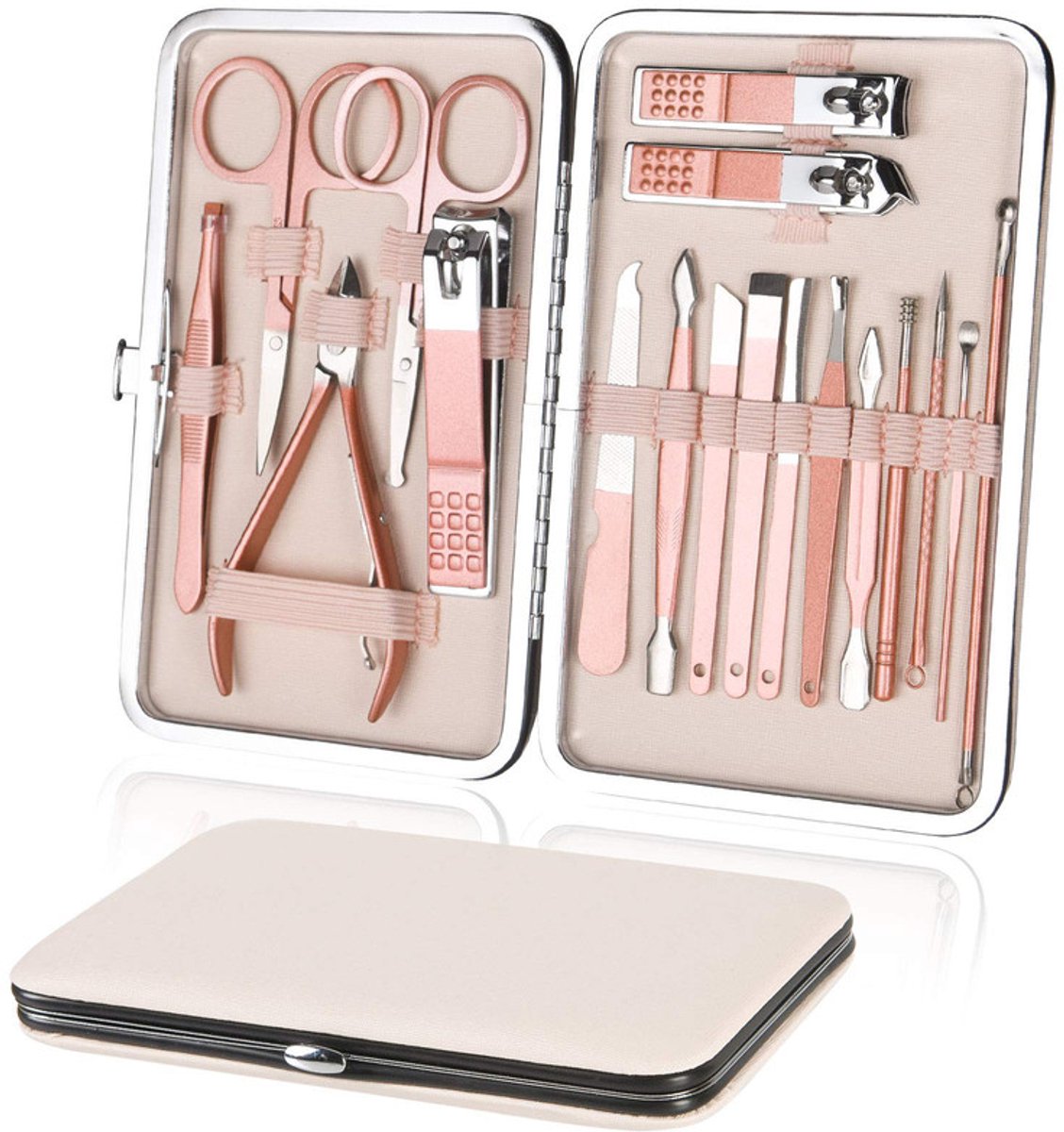 18-delige manicure pedicureset - Roestvrijstalen nagelknipper en nagelverzorgingsgereedschap - PU-leren reisetui in roségoud - Voor handen, gezicht en voeten thuis of op reis