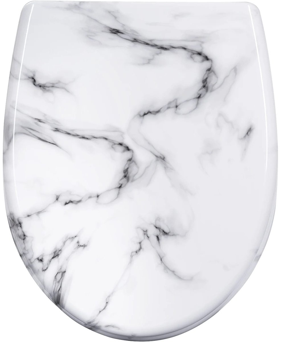 Klarven® Toiletbril Softclose Wit marmer - Wc-bril Softclose - Toiletbril - Stille Sluiting, Snel Demonteerbaar Voor Reiniging, Antislip Bufferdopjes, Draagvermogen 150 Kg - O-vorm