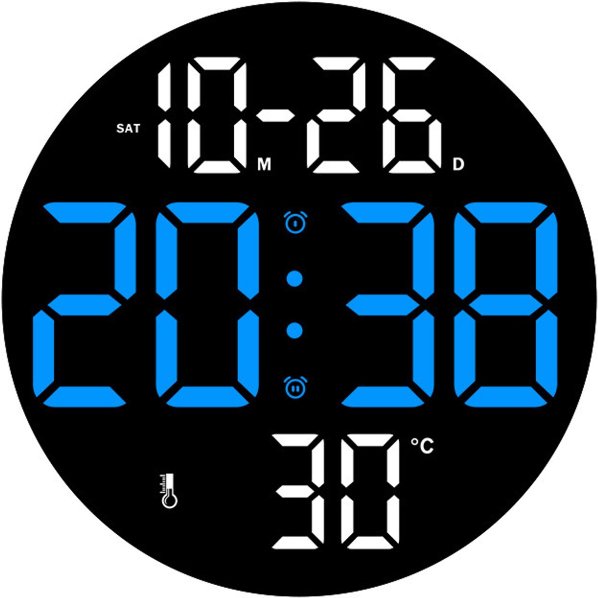 COVREO Wandklok met digitale weergave en afstandsbediening – Multifunctionele klok met datum en weekdag – Digitale wekker voor slaapkamer, woonkamer of kantoor – 20x20 cm – Blauw of groen