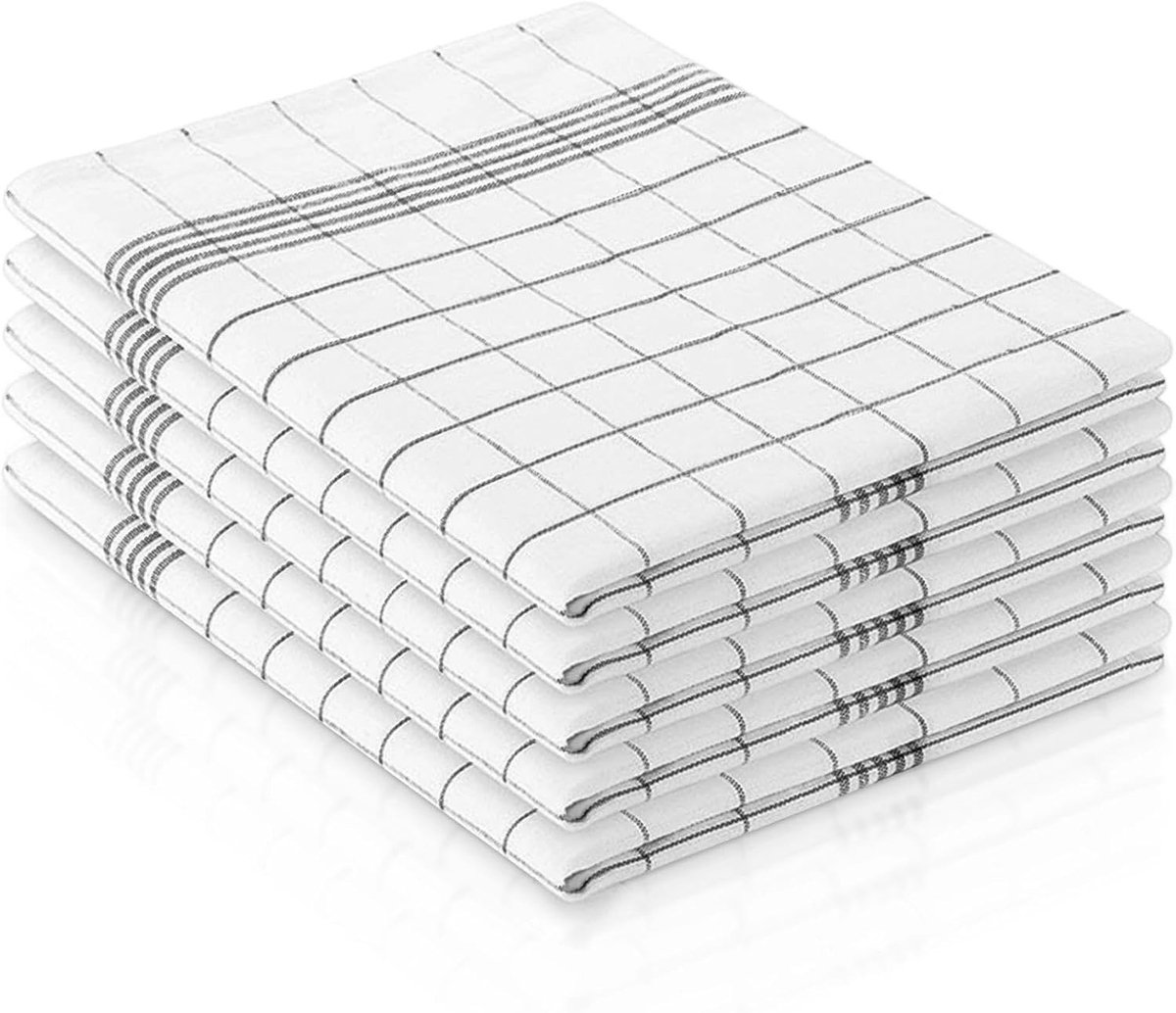 Set van 5 Keukenhanddoeken, 45 x 65 cm, 100% Katoen, Absorberend en Herbruikbaar, Elegant Ruitpatroon in Zwart en Wit