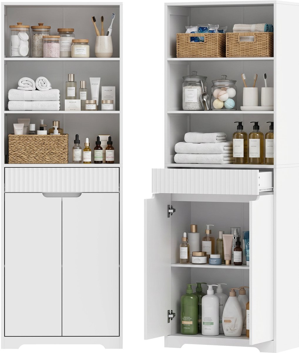 Hoge badkamerkast met 2 soft - close deuren - lade - 3 open vakken en verstelbare planken - wit
