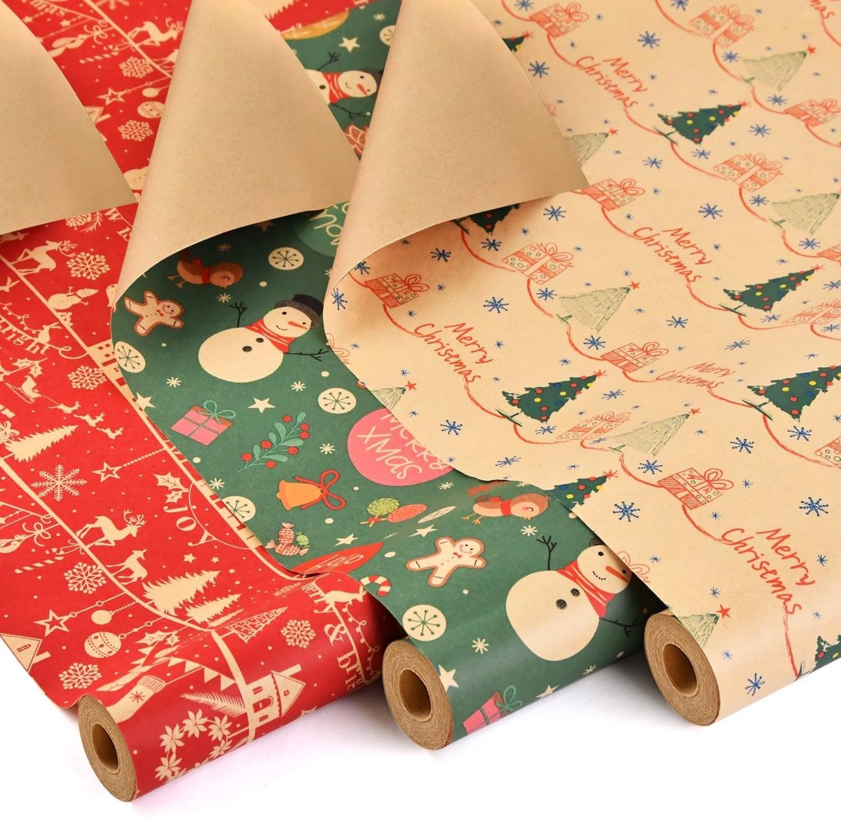 Cadeaupapier voor Kerstmis, 3 rollen van 43 cm x 10 m, natuurlijk kraftpapier, kerstcadeaupapier voor feestdagen, verjaardagen en speciale gelegenheden (kerstboom/sneeuwman/hert)
