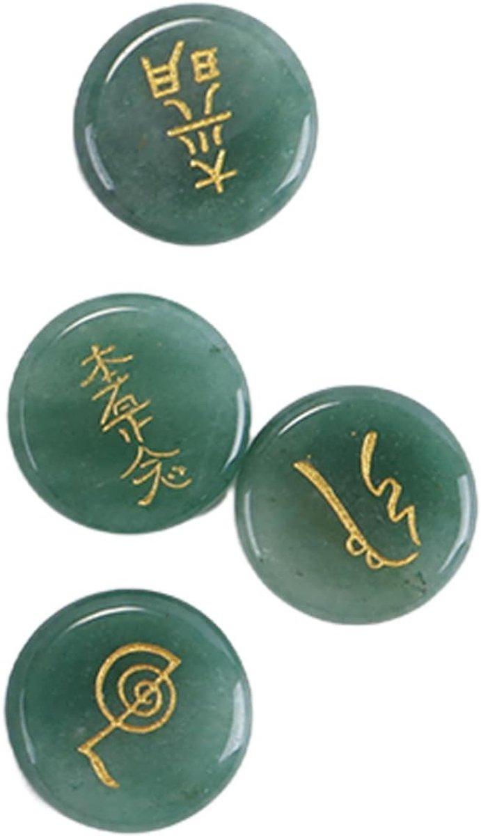 Set van 4 Groene Aventurijn Reiki Stenen met Usui Symbolen - Gepolijste Chakra Palmstenen voor Meditatie en Energiehealing - 25mm