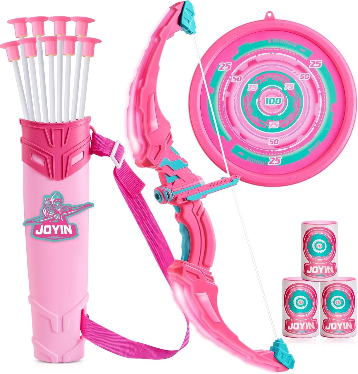 Roze Boog en Pijlen Set voor Meisjes, LED Boog Schiet Speelgoed met 9 Pijlen en Zuignappen, Activiteit Speelgoed voor Kinderen van 3-12 Jaar