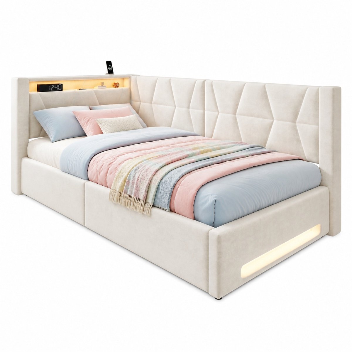 WUVRIE Polsterbed 90x200 cm met opbergruimte, LED, USB en Type-C, hydraulische bedkast, beige