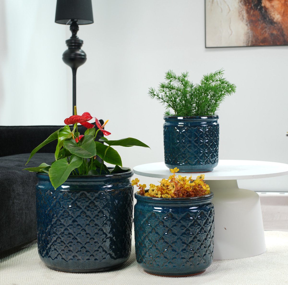Bloempot Set 3-Delig – Diamantreliëf – Ø 38 30,5 23 Cm – Keramiek – Donkerblauwgroen – Voor Binnen En Balkon – Met Afwateringsgat