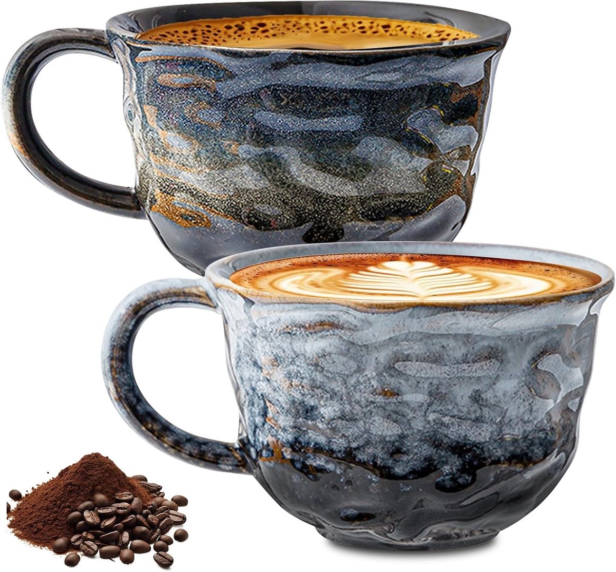 Set van 2 handgemaakte cappuccino kopjes van steengoed, 260 ml, keramische koffie- en theekopjes, perfect als cadeau voor thuis of op kantoor, uniek ontwerp en stijlvol marmergrijs met sterpatroon
