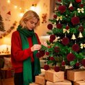 Een vrouw in een rode trui en groene sjaal hangt een bourgondische fluwelen kerstbal aan een kerstboom vol met vergelijkbare ballen, strikken en bellen. Cadeaus liggen onder de boom.