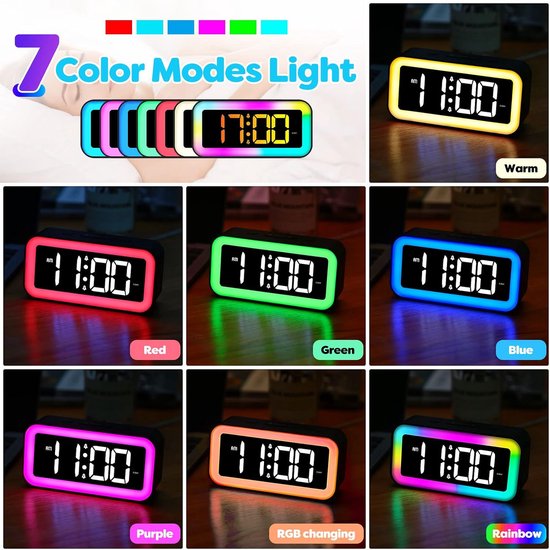 Digitale Wekker Kind - Tafelklok RGB - Wakker Worden - Dubbele Alarmen - 145 x 71 cm - Meerkleurig — afbeelding 4