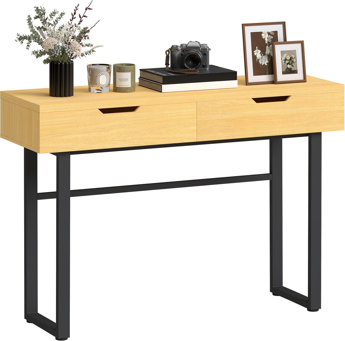 Homcom Consoletafel met 2 Lades - Sidetable - Wandtafel - Haltafel - Naturel natuurlijk hout, zwart