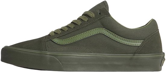 Zijaanzicht van een donkergroene Vans Old Skool sneaker met veters en de Vans-streep.