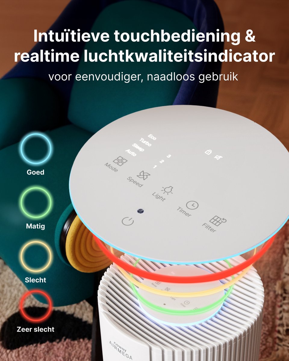 Coway Airmega 350 Luchtreiniger - Voor ruimtes tot 185 m² - HEPA filter + koolstoffilter - 713 m³/u - Tegen stof, pollen en allergenen - Energiebesparende modus - ECARF gecertificeerd - Beige thumbnail 5
