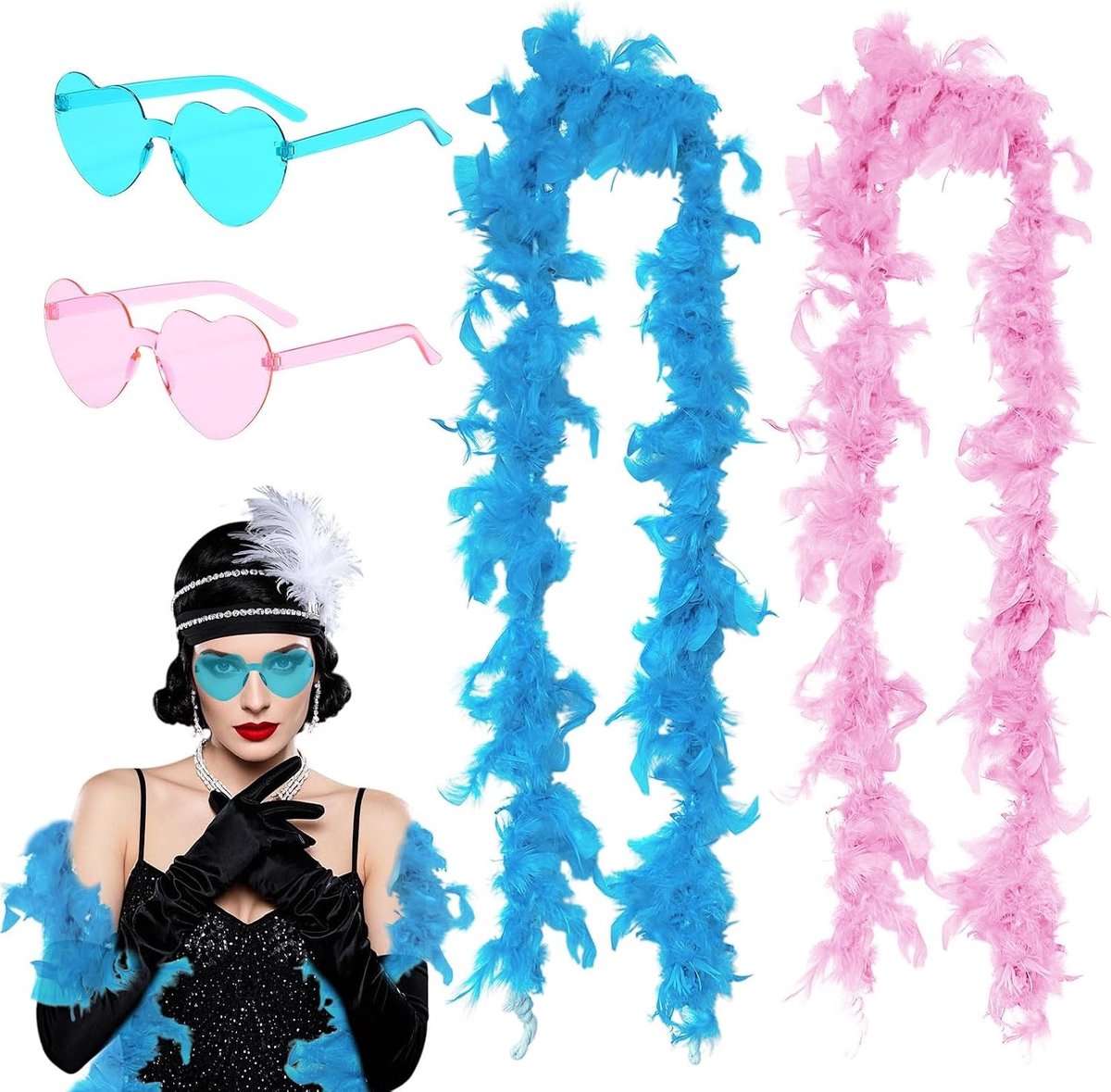 Set van 4 Fluffy Feather Boas met Hartvormige Zonnebril en Rimless Zonnebril, 2 m Feestelijke Sjaals voor Vrouwen, Perfect voor Carnaval, Halloween en Feestjes