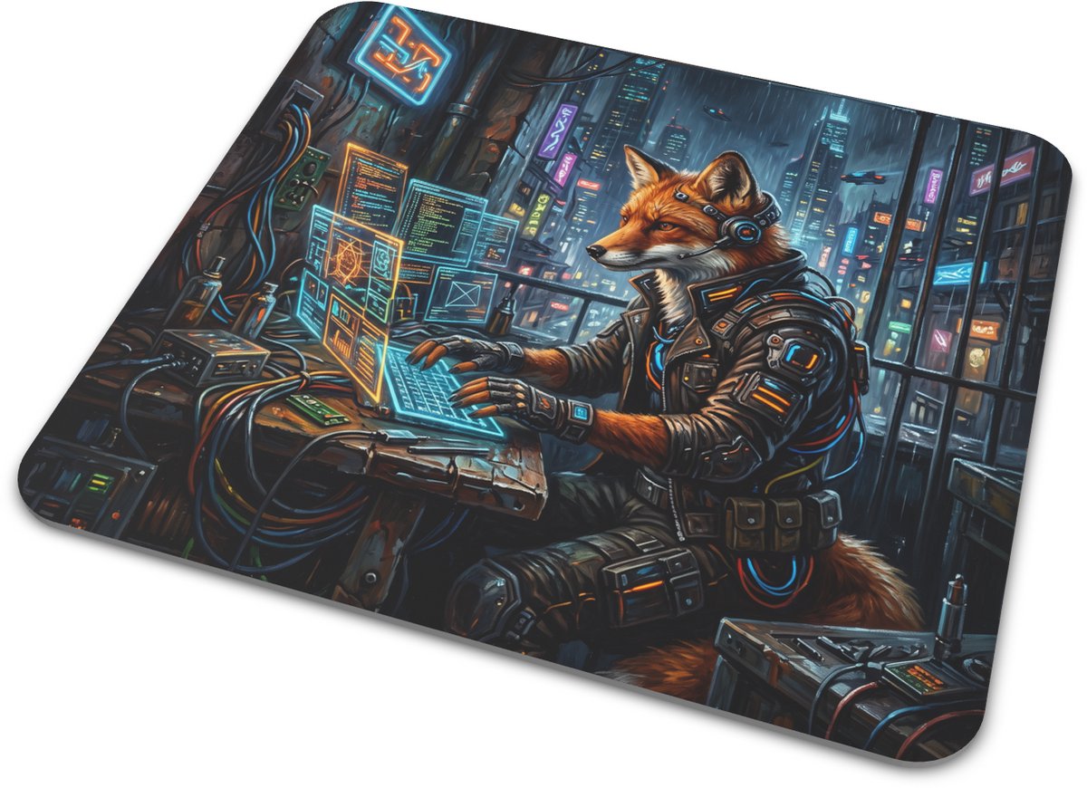 Muismat Cyberpunk Vos Hacker Stoere Sci-Fi Vos met Headset en Laptop Werkstation Olieverf Schilderij Kunst Bureau Onderlegger voor Gaming en Thuiswerk Origineel Cadeau voor IT Collega, Programmeur en Gamer 22x20 cm