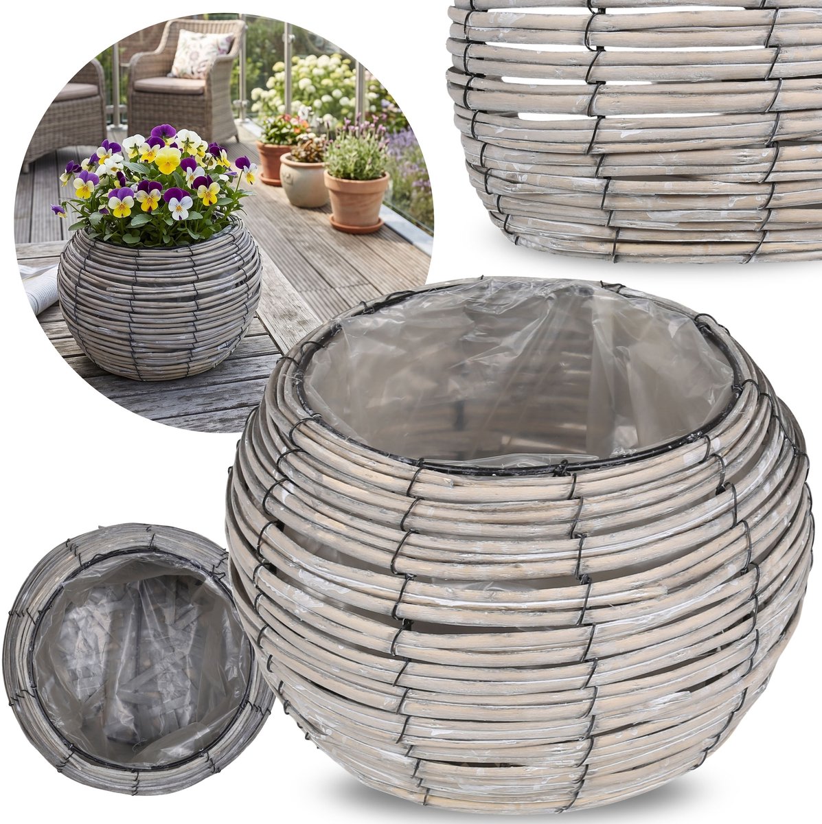 Grijze RIETEN plantenbak voor terras, ronde BLOEMPOT met FOLIE 28x17 cm