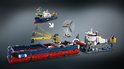 LEGO Technic Oceaanonderzoeker met helikopterplatform, kraan en onderzeeër. De boot is blauw, rood en grijs.