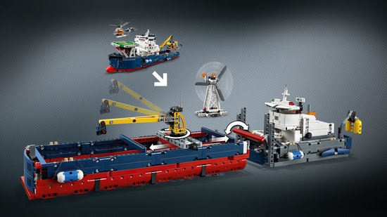 LEGO Technic Oceaanonderzoeker met helikopterplatform, kraan en onderzeeër. De boot is blauw, rood en grijs.