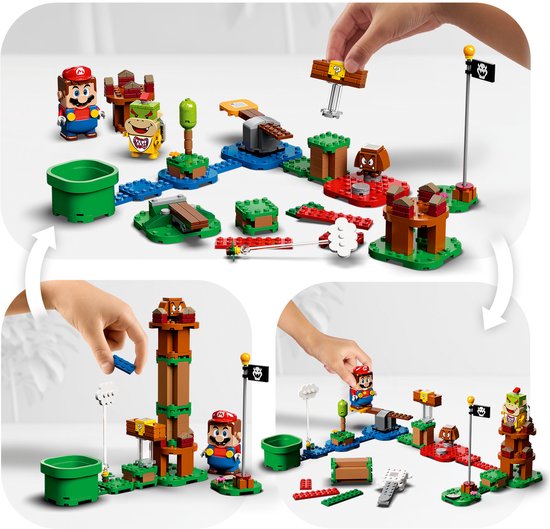 Kinderhanden bouwen en spelen met de LEGO Super Mario starterset: boven, de personages en de start. Onder, het bouwen van de toren en het spelen met de set.