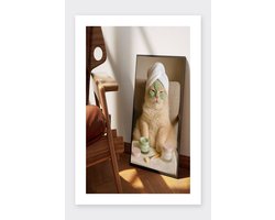 Kat Spa Poster - Dieren Posters - Wellness - Schoonheid - Ontspanning - Wanddecoratie Badkamer - 180 gram papier - BXS6948WV - met witte rand - formaat 30 x 40cm