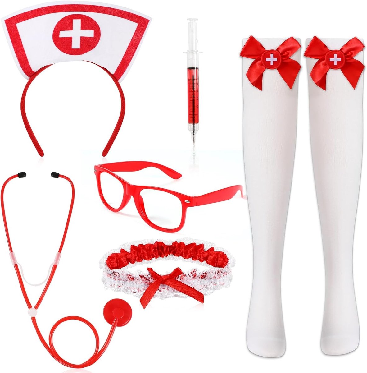 Nurse Kostuum met Hoofdband, Stethoscoop, Spuit, Garter, Sokken en Rode Bril voor Halloween en Carnavalsfeest
