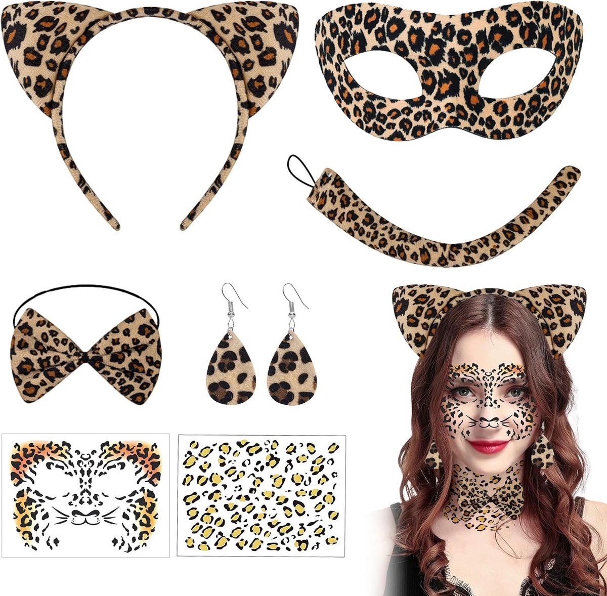 Leopard Kostuum voor Vrouwen met 7 Accessoires, Oren Hoofdband, Staart, Strik, Masker en Tatoeages voor Carnaval en Halloween Cosplay