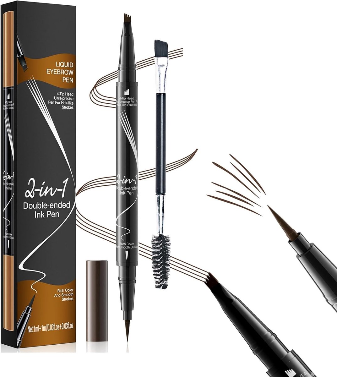 2-in-1 Microblading Wenkbrauwpen met Waterproof Formule en Wenkbrauwborstel voor Langdurige Kleur en Natuurlijke Make-up (Donkerbruin)