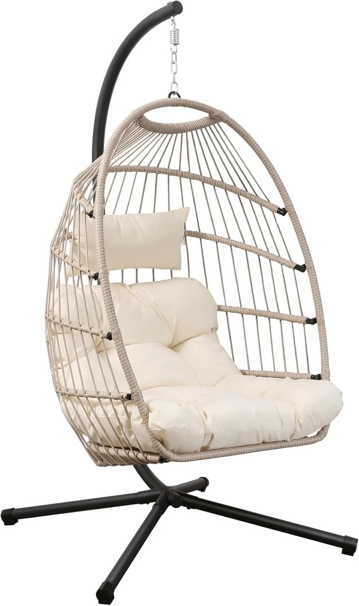 Hangstoel met Standaard en Waterdichte Cover, Vouwbare Eierschommel met UV-bestendige Kussen, Geschikt voor Binnen, Tuin en Buitengebruik, 204kg Draagvermogen