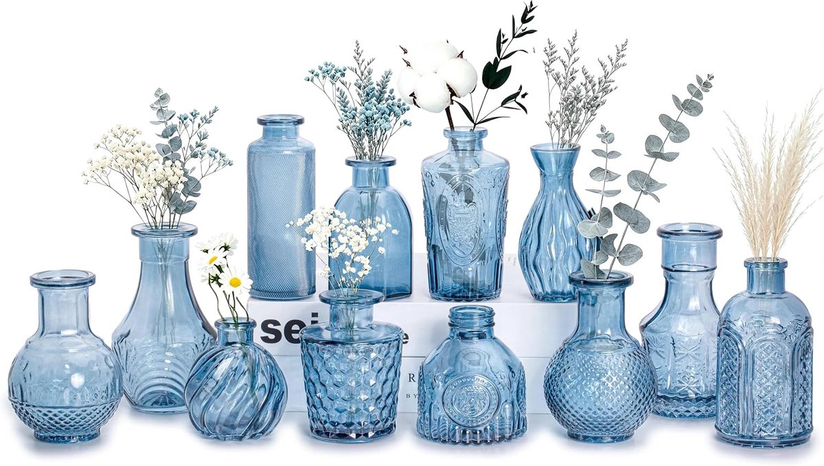 Bloemenvaasje - Set van 12 - Glas - Vintage - Blauw