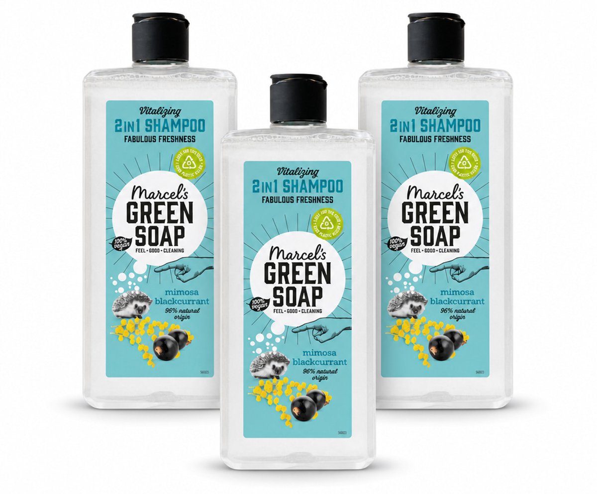 3 x Marcel's Green Soap - Shampoo & Conditioner 2-in-1 - Mimosa & Black Currant - Verzorging in één - 300 ml - Voordeelverpakking - 3 stuks