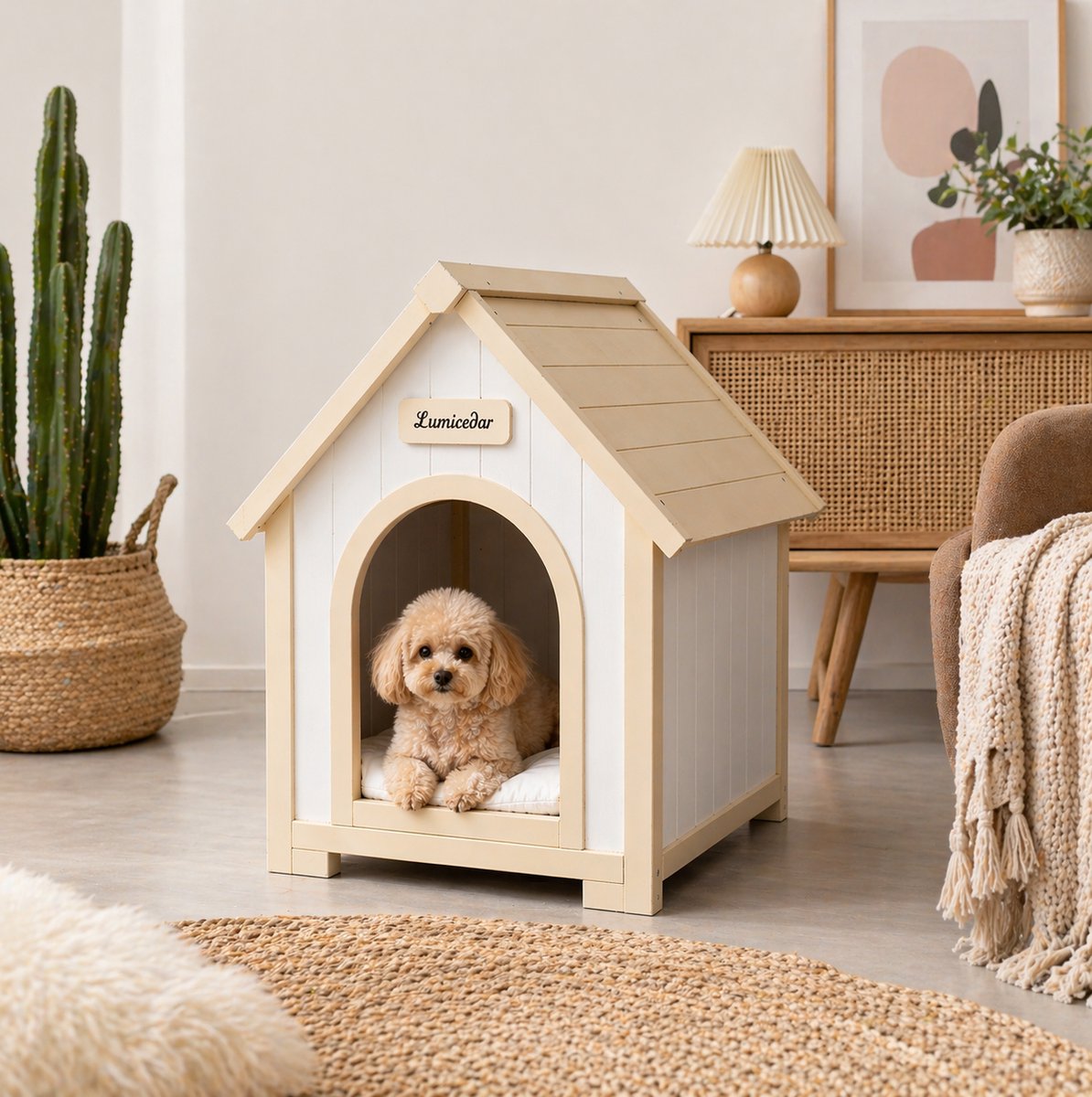 Indoor Hondenhuis A Frame 60 X 55 X 70 Cm Hout Creme Wit Uitneembaar Kussen Voor Kleine Honden