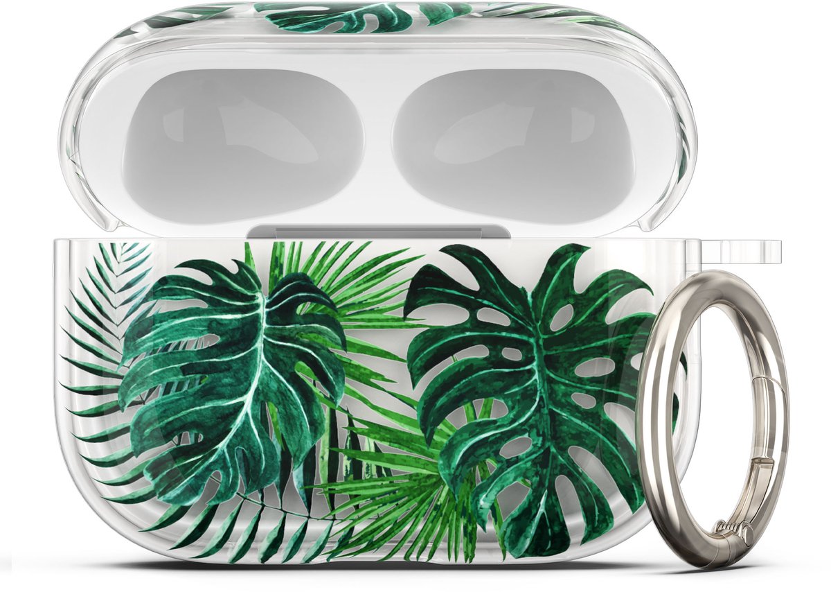 kwmobile Hoes compatibel met Apple Airpods Pro 2 / Pro 1 Case - Zachte TPU beschermhoes - Cover in groen / transparant Tropische planten design