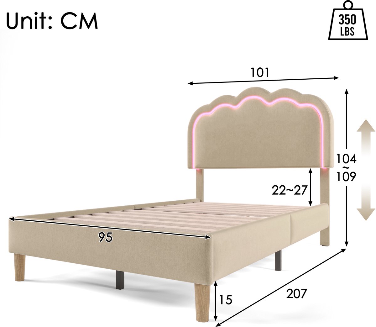 WUVRIE LED gestoffeerd bed 90x200 cm met verstelbaar hoofdeinde en lattenbodem, beige