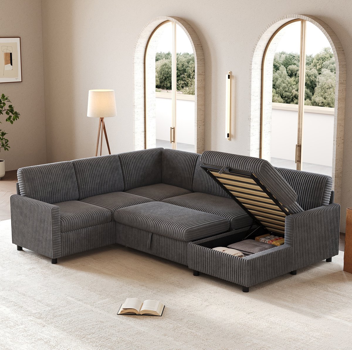 Wishdor U-bank - Slaapfunctie en opbergruimte - U-vormig lounge ontwerp met chaiselongue - Modern - Woonkamer logeerkamer - Grof cord - Grijs - 274 x 220 x 85 cm