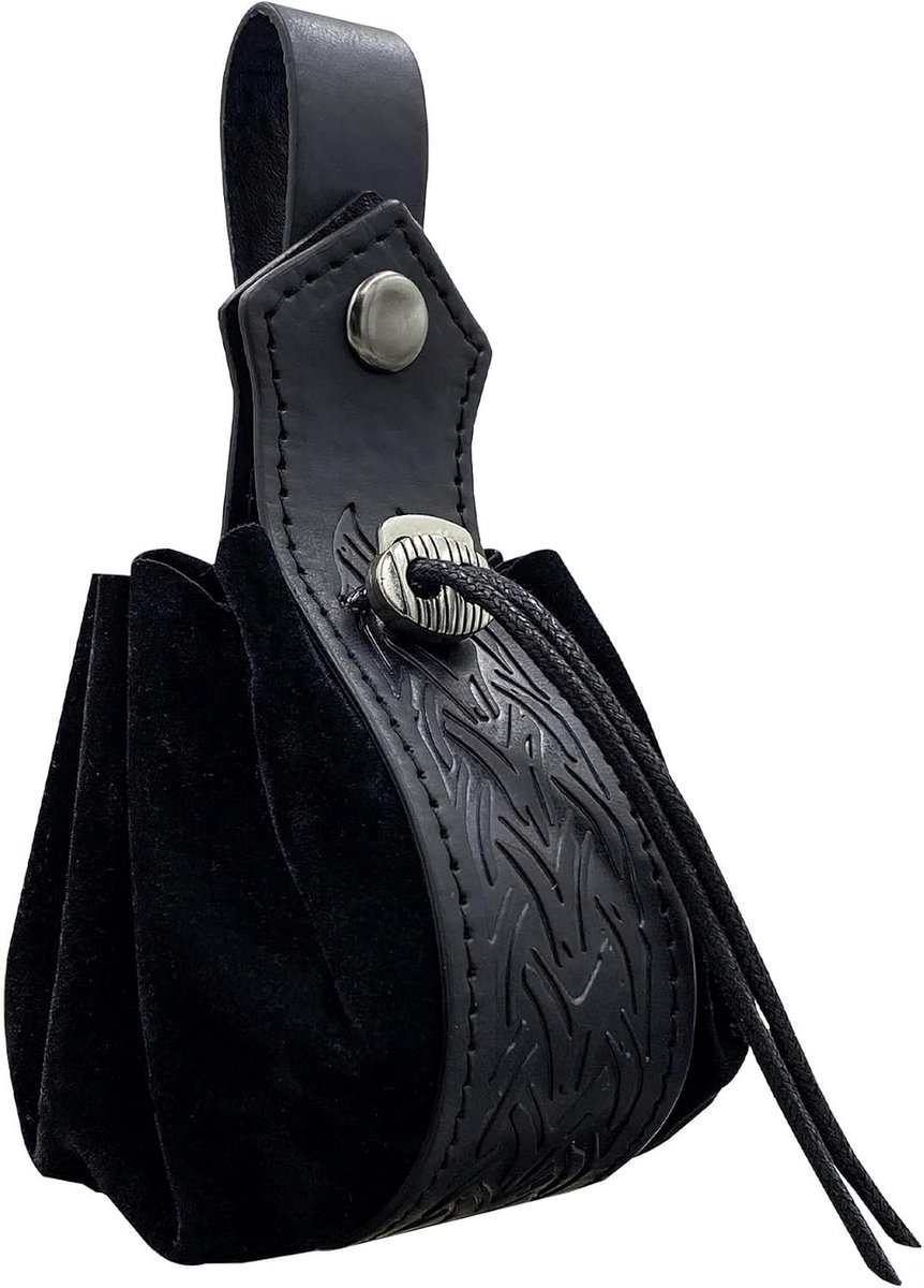 Retro Nordic Faux Leather Trekkoord Pouch, Middeleeuwse Heuptas voor Halloween LARP en Ren Faire, Zwart, Vintage Muntentas voor Cosplay