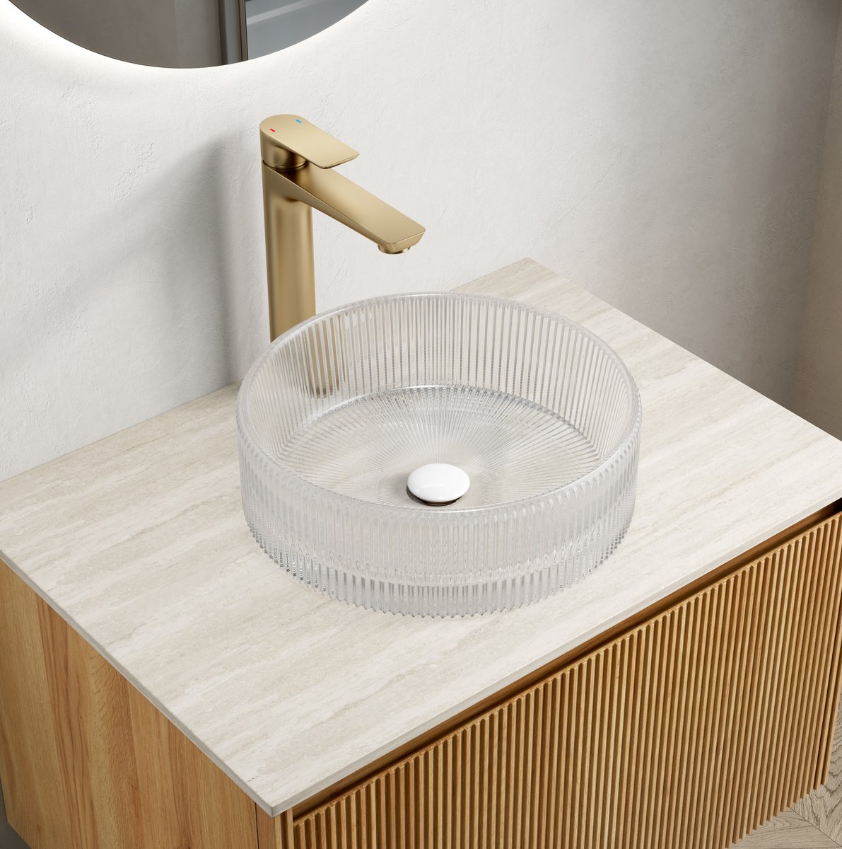 FloraGrace Waskom Rond 36 Cm Transparant Glas Opbouw Tafelmodel Zonder Kraan Zonder Overloop Met Strepen Voor Moderne Badkamer