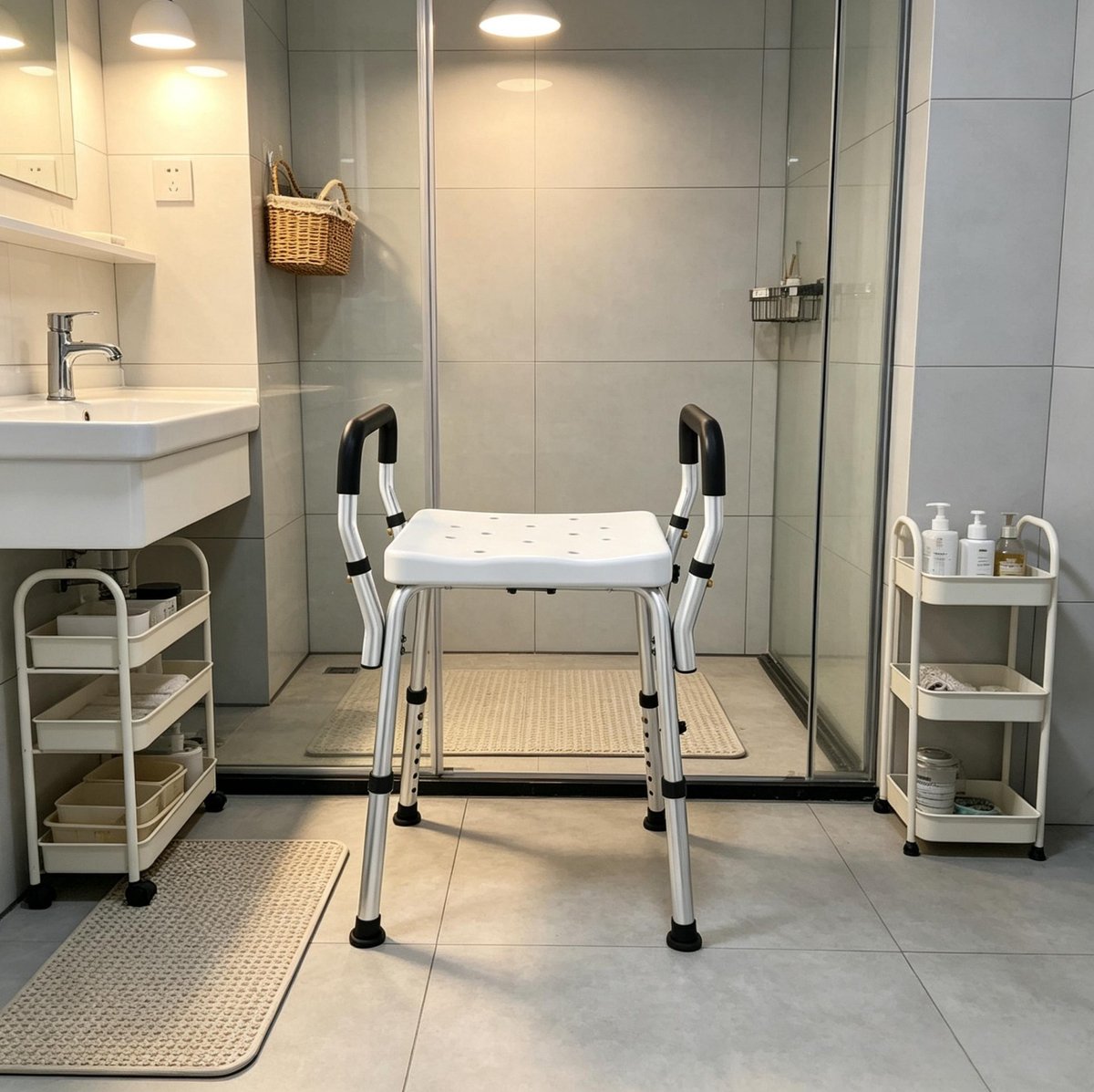 REDOM - Douchestoel met armleuningen - Verstelbare hoogte in zes standen - Antislip voetdoppen - Aluminium en HDPE - Voor binnen - Wit - 52 x 45 x 57-69 cm