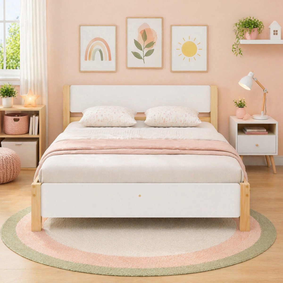 COVREO Bed met hoofdbord – 140x200 cm – Tweepersoons ledikant van hout en MDF – met 15 latten – Wit/naturel - zonder matras