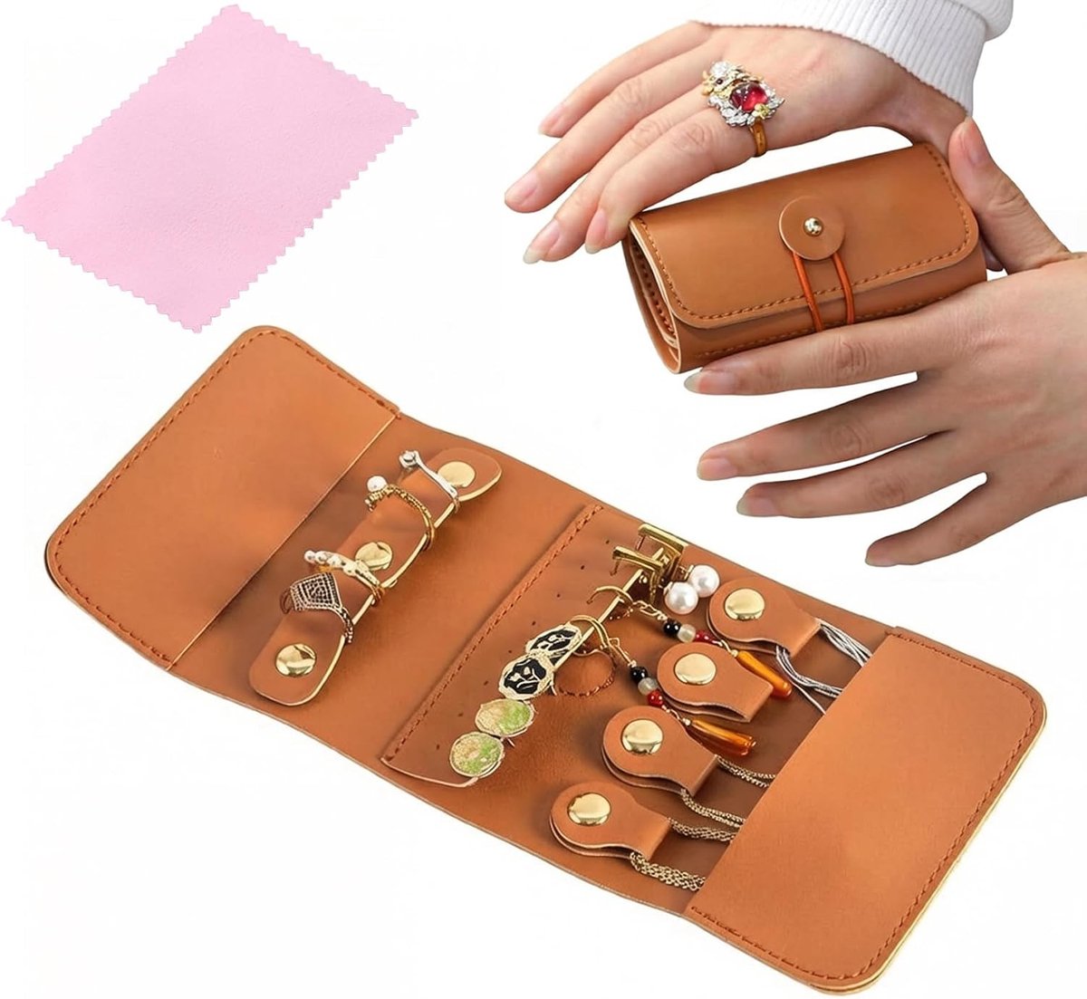 Reisorganisatie voor Sieraden met Schoonmaakdoek, Vouwbare Sieradenetui, Draagbare Sieradenrol, Ongevouwen Afmeting 24 x 12 cm, Bruin, Perfect voor Reizen en Opbergen
