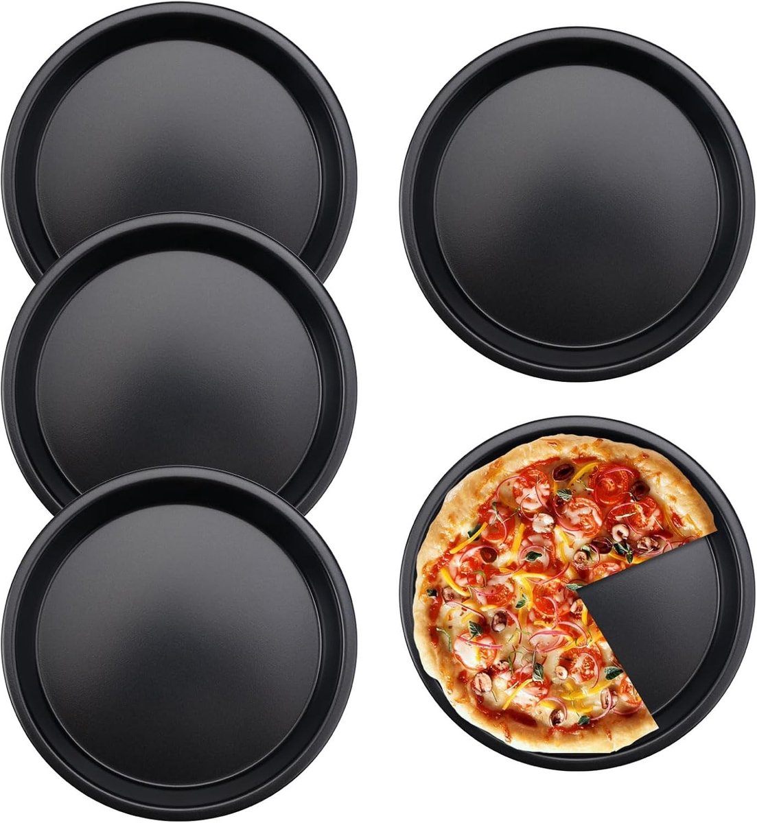 Ronde pizza bakplaat van carbonstaal, set van 4 stuks, 15 cm, ideaal voor kleine pizza's en quiches