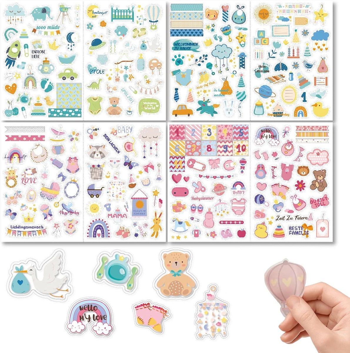 Decoratieve Stickers voor Babyalbums - Herbruikbare Cartoon Stickers in Roze en Blauw - Grote Formaat 220 x 290 mm voor DIY, Scrapbooking, Cadeauversiering en Creatieve Kinderknutselprojecten