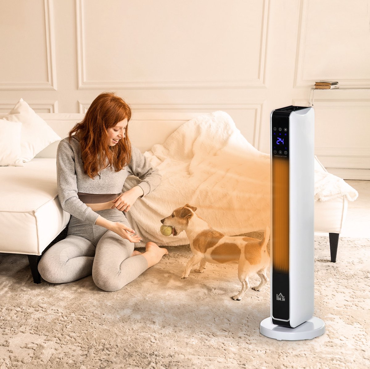 COVREO Keramische kachel met 65° oscillatie – 21x21x73 cm – Ventilatorkachel met timer – Torenheater voor kleine ruimtes – Wit