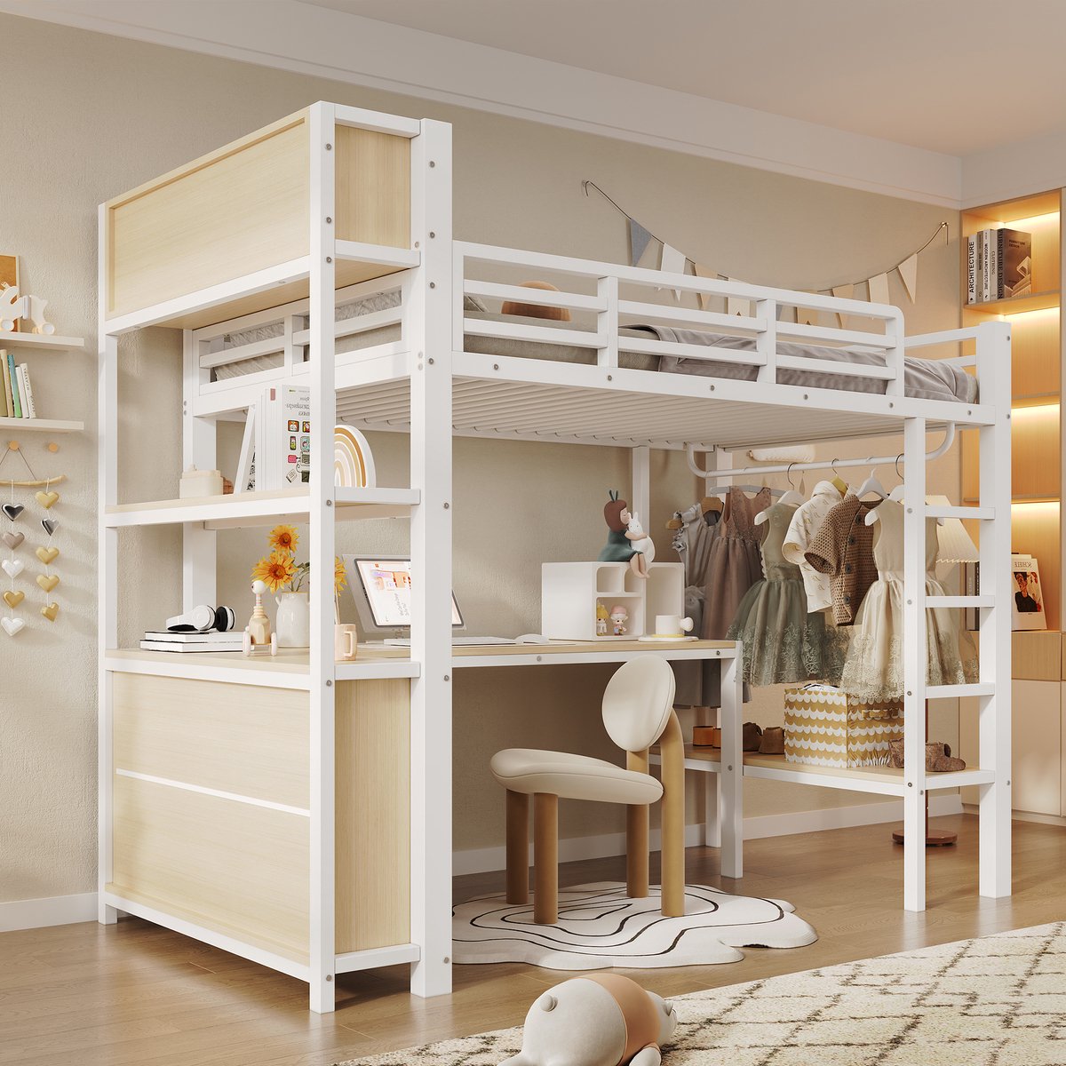 Hoogslaper 90 x 200 cm - Hoogslaper Met Bureau, Kledingrek, Planken En Opbergvakken - Voor Kinderen - MDF En Metaal - Wit Zonder Matras
